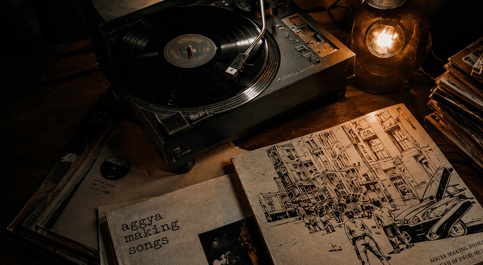 Toca-discos vintage com vinil girando ao lado de uma pilha de discos sob luz de lampião